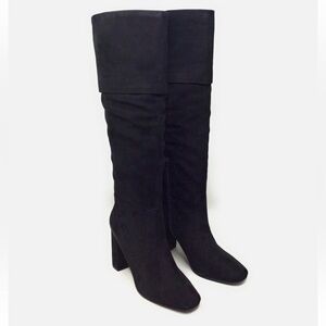 Cole Haan Black Suede Tess Cuff Knee High Heeled Boots in Black